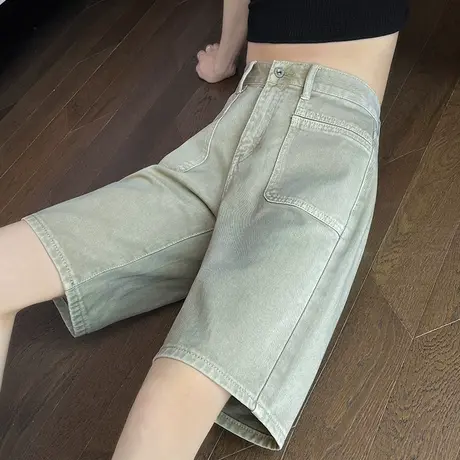 卡其色薄款直筒牛仔短裤女夏季高腰宽松显瘦小个子五分中裤ins潮商品大图