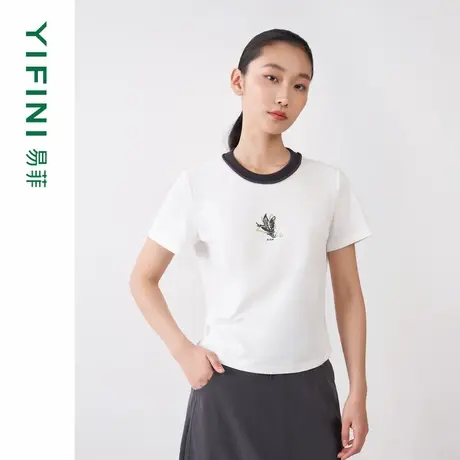 [专柜同款]Yifini/易菲火炬印花领口撞色修身短款百搭T恤女春秋新商品大图