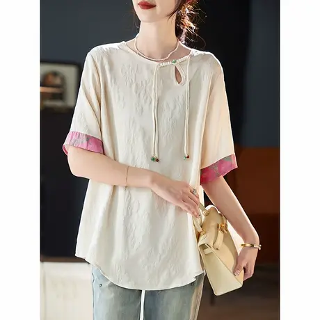 宝诗黎圆领提花拼接短袖T恤2025夏季简约新中式百搭宽松雪纺上衣图片