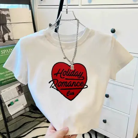白色爱心短袖t恤女短款修身显瘦上衣2025小众设计感ins潮体恤半袖商品大图