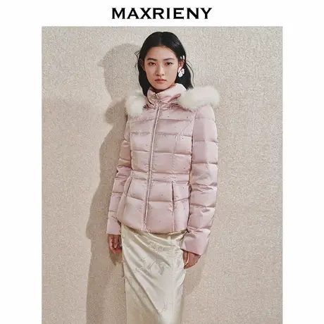 MAXRIENY精致优雅感羽绒服24冬新款毛领装饰收腰连帽保暖外套女商品大图