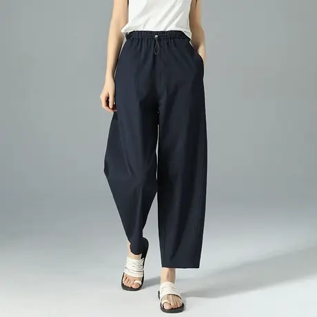 藏青色裤子女夏季薄款休闲裤2025新款小个子九分裤宽松大码哈伦裤商品大图