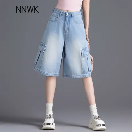 工装牛仔短裤女2025新款夏季外穿五分裤浅蓝色百搭显瘦阔腿裤中裤商品大图