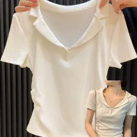 Polo衫短袖正肩T恤女夏季韩版修身打底衫内搭V领辣妹短款半袖上衣图片