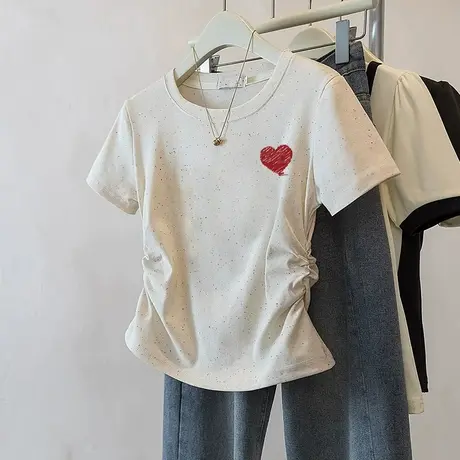 圆领彩虹波点正肩褶皱收腰短袖t恤女2025夏季新款甜妹风洋气上衣商品大图