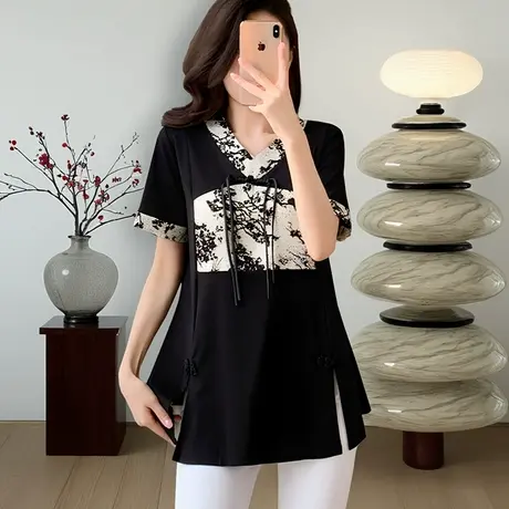 新中式短袖女t恤夏国风上衣大码中年妈妈胖mm印花拼接中长款遮肚图片