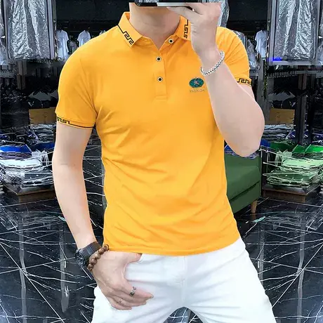 男生夏季新款时尚潮流polo衫字母男装短袖翻领帅气修身t恤衫黄色图片