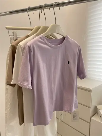 简约刺绣小个子t恤女夏季温柔显白百搭显瘦短款棉质正肩短袖上衣图片