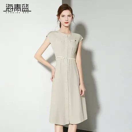 海青蓝 短袖连衣裙2025年新款纯色海边度假时尚气质女装中长裙子商品大图