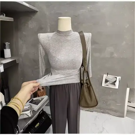 柔软透气～韩式半高领打底短袖T恤女螺纹修身显瘦内搭上衣2024夏商品大图