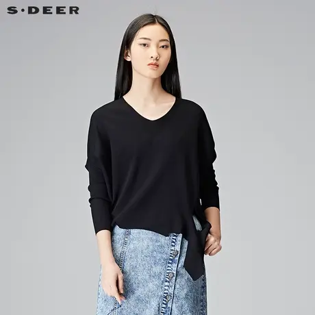sdeer圣迪奥秋装新款潮优雅V领不规则毛衣针织衫女S18183523图片