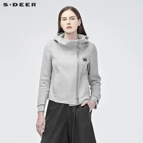 sdeer圣迪奥冬季女装高领连帽字母贴布长袖短款毛呢外套S194A2249图片