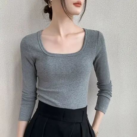 方领长袖T恤女2025春季新款纯色简约正肩修身西装内搭打底衫上衣商品大图