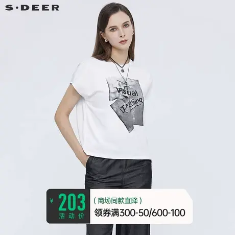 sdeer圣迪奥女夏时尚圆领印花短袖女小众设计感宽松T恤S21280151图片