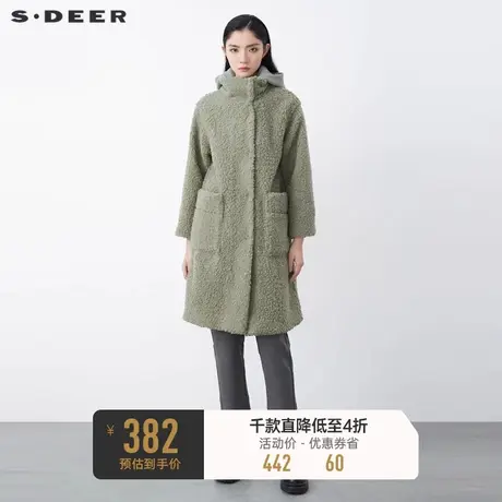 sdeer圣迪奥冬季时尚高领连帽拼接羊羔绒长款大衣女S21461810图片