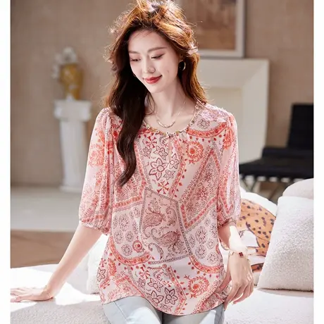 宝诗黎圆领钉钻印花雪纺衫2025新款洋气百搭休闲夏季减龄小衫女图片