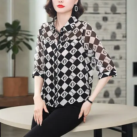 polo领雪纺衬衫女洋气妈妈上衣夏季新款短袖大码宽松遮肚子小衫图片