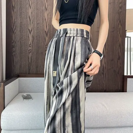 条纹缎面冰丝阔腿裤女新款夏季薄款高腰宽松显瘦垂感印花直筒裤子商品大图