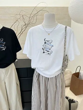 2024夏季新款韩系卡通童趣圆领印花简约宽松短袖T恤女半袖上衣潮商品大图