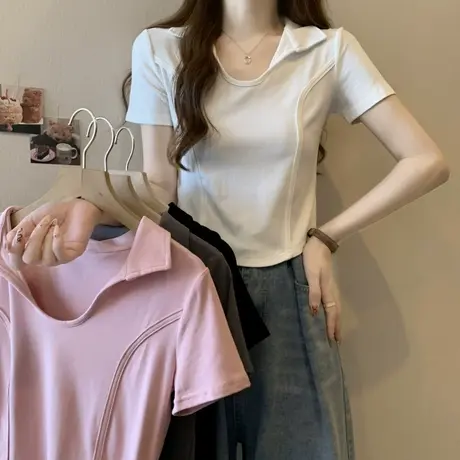 美式辣妹鱼骨正肩短袖T恤女夏季修身百搭短款U领POLO衫上衣体恤商品大图