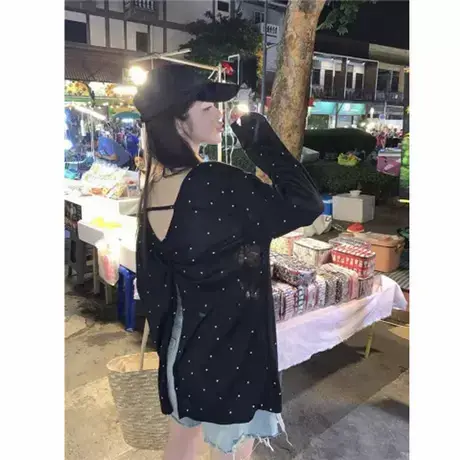 2025设计感两穿背开叉防晒衫白色T恤女夏季宽松微透波点上衣罩衫商品大图