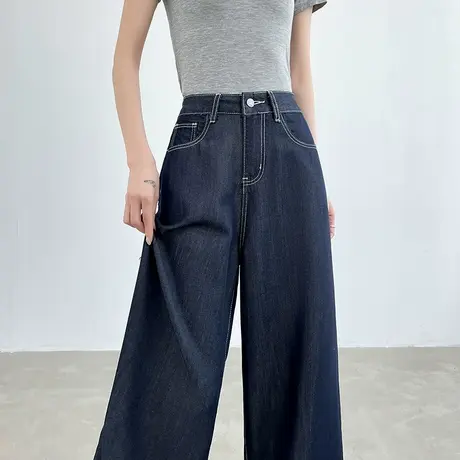 丹宁蓝阔腿天丝牛仔裤女夏季新款高腰宽松显瘦冰丝垂感直筒拖地裤商品大图