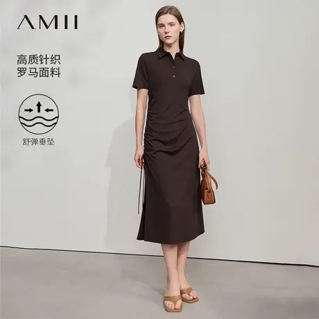 Amii2025夏新款POLO领绑带抽褶连衣裙女修身显瘦弹力短袖裙子商品大图