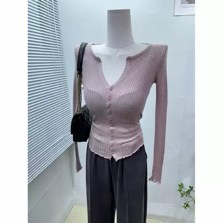 韩系~心动单品气质半开领V领长袖针织衫上衣女修身单排扣打底衫秋商品大图