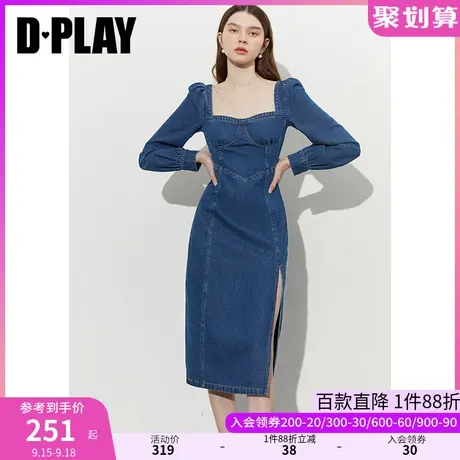 DPLAY2023年秋装复古宫廷领深牛仔蓝泡泡袖开衩牛仔连衣裙商品大图