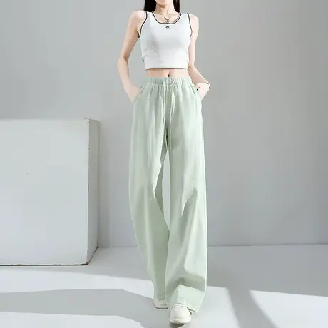 冰丝阔腿裤女夏季薄款绿色高腰宽松显瘦直筒防晒抗皱休闲拖地裤子商品大图