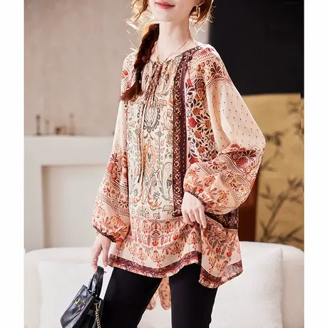 宝诗黎V领系带印花雪纺衫2025春季时尚宽松气质波嬉风大码衬衣女商品大图