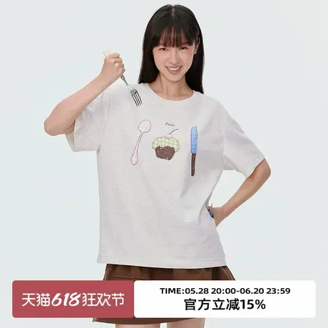 omont蛋挞家复古蛋糕贴布绣短袖T恤2025夏季圆领宽松休闲半袖上衣商品大图