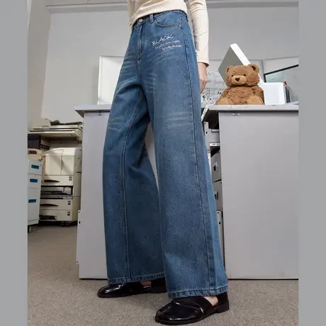 a02宽松时尚显瘦设计百搭高腰阔腿裤2025春季简约刺绣女式牛仔裤商品大图