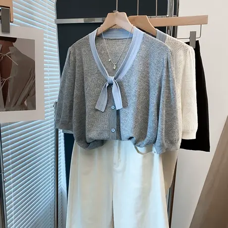 蕾丝v领针织衫女2025夏装新款宽松内搭上衣外穿薄洋气短袖t恤衫潮商品大图