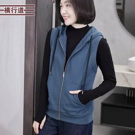 纯棉连帽背心坎肩全棉女春宽松纯色简约马甲百搭带帽拉链无袖外套商品大图