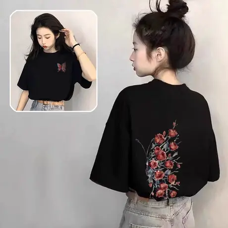 黑色纯棉蝴蝶短袖t恤女设计感上衣2025夏季新款爆款独特宽松体恤商品大图