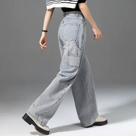 浅灰色工装阔腿牛仔裤女2025春季新款高级感痞帅宽松直筒拖地长裤商品大图
