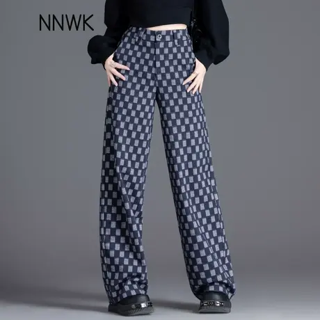 棋盘格休闲毛呢裤子女2025春秋新款爆款高腰阔腿裤宽松直筒长裤子商品大图