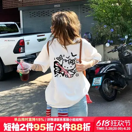 2025新款韩系ins风白色短袖女t恤设计感凯蒂猫印花宽松百搭上衣夏商品大图