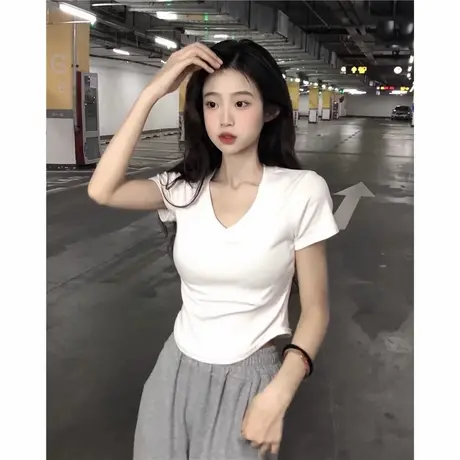 韩系甜辣妹V领短袖T恤女夏季修身内搭韩版打底衫短款正肩收腰上衣图片