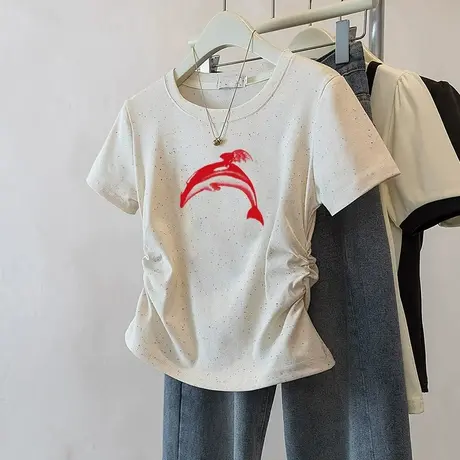 潮流短款收腰t恤女2025新款褶皱修身彩虹波点短袖时尚小个子上衣商品大图