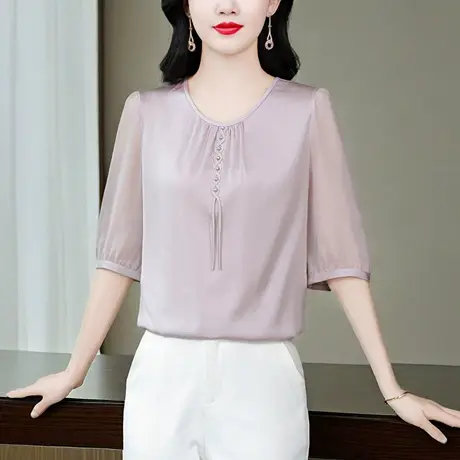 新中式上衣气质女士衬衫夏季新款中袖时尚宽松显瘦妈妈真丝小衫图片