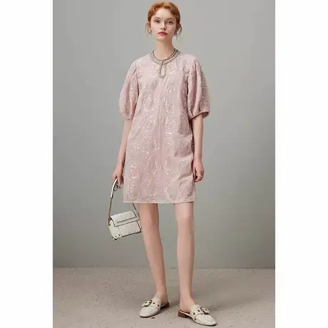 爵莱菲大码粉色法式泡泡袖连衣裙女2025夏季新款重工亮片绣裙子商品大图