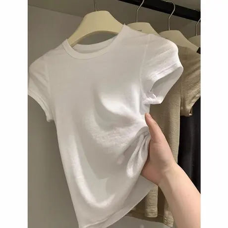 简约白色修身显瘦短袖正肩t恤女夏装2025新款高级感独特别致上衣图片