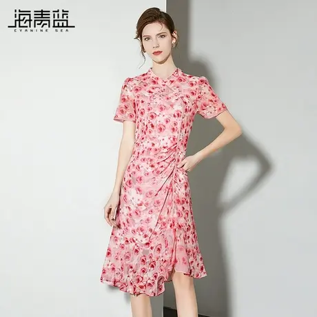 海青蓝 印花中式立领连衣裙2025年新款高级设计感女装中长裙子女图片