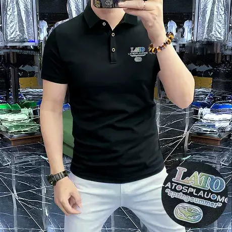 半袖上衣男士短袖轻奢夏季新款Polo衫舒适透气合身型简欧男装黑色图片