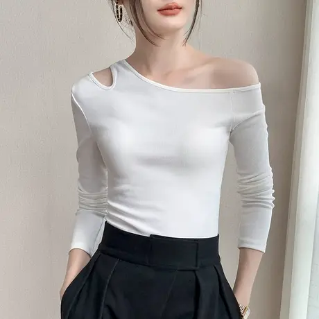斜领长袖T恤女2024春季新款设计感小众修身性感内搭漏肩棉打底衫商品大图