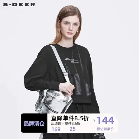 sdeer圣迪奥女装时尚圆领撞色字母宽松黑色卫衣S22182201图片