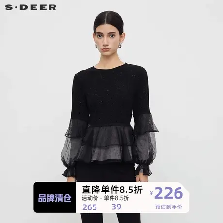 sdeer圣迪奥女装圆领荷叶边网纱拼接长袖T恤S233Z0204图片