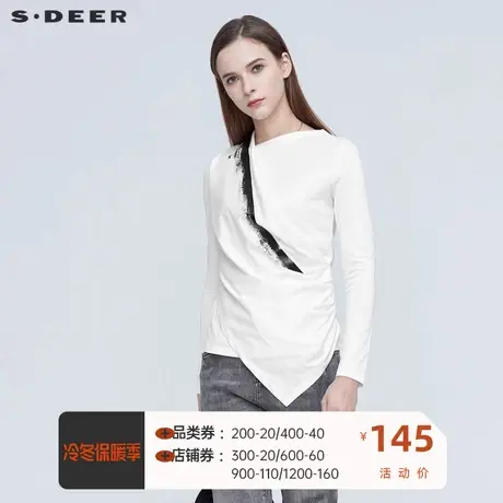 sdeer圣迪奥不规则领拼接撞色印花T恤长袖别致小上衣insS21180204图片